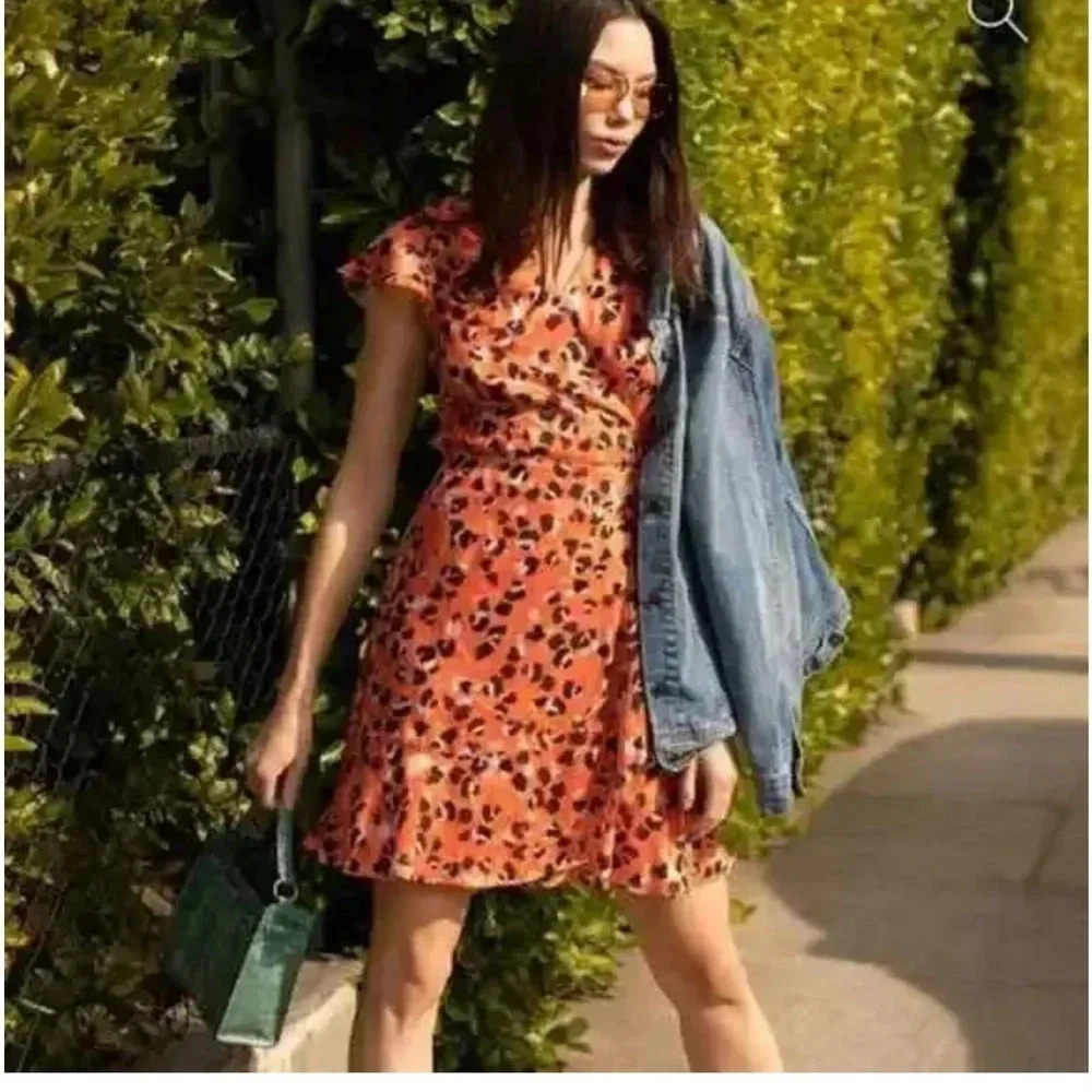 ModCloth Hutch Orange Leopard Print Party Prowl Wrap Mini Dress Size Small NWOT‎